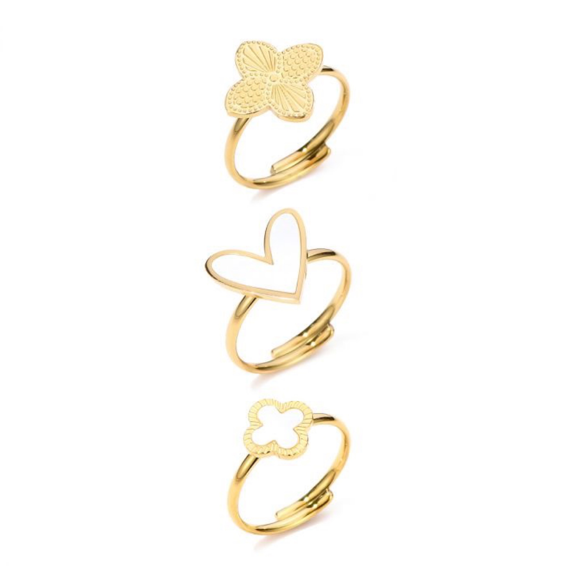 Set van 3 Ringetjes Klaver Hart RVS Goud