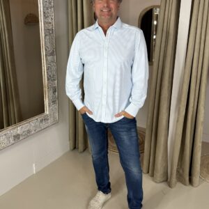 Mi Piace Heren Travelstof Overhemd 202010 Stripe Off-White/Licht Blauw via villagio