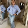 Katoenen Blouse 19533 Blauw Gestreept met Sier Stiksels