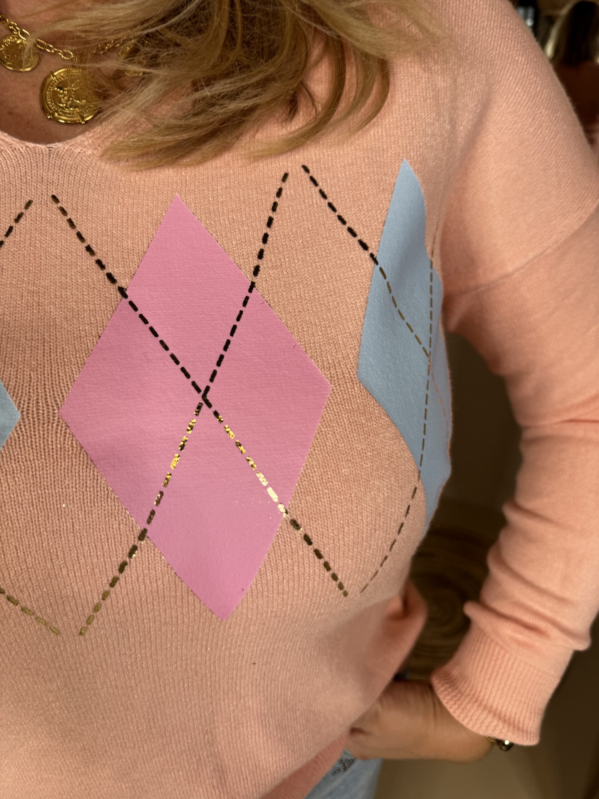 V-Hals Trui Dunya met Ruit 8053 Peach - Afbeelding 3