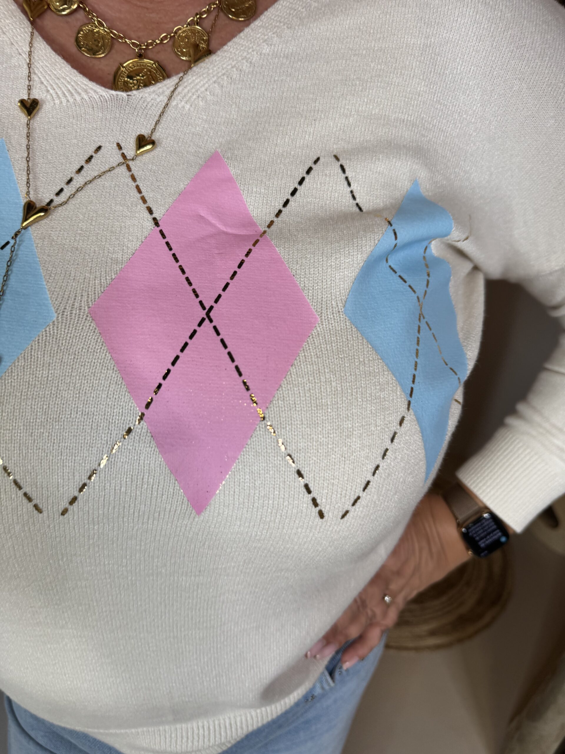 V-Hals Trui Dunya met Ruit 8053 Off-White - Afbeelding 3