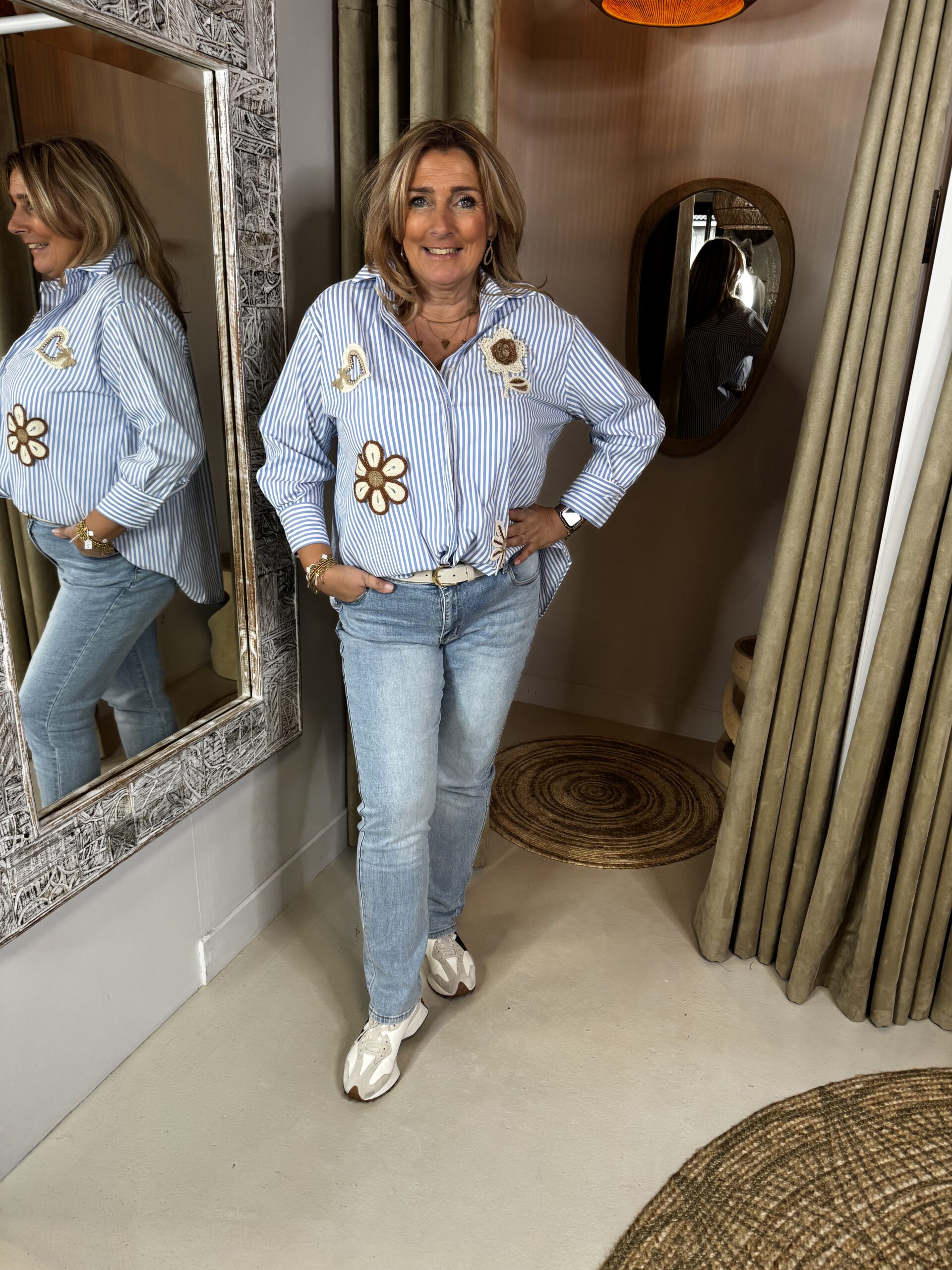 Katoenen Blouse Streep19798 Blauw Wit Bloem