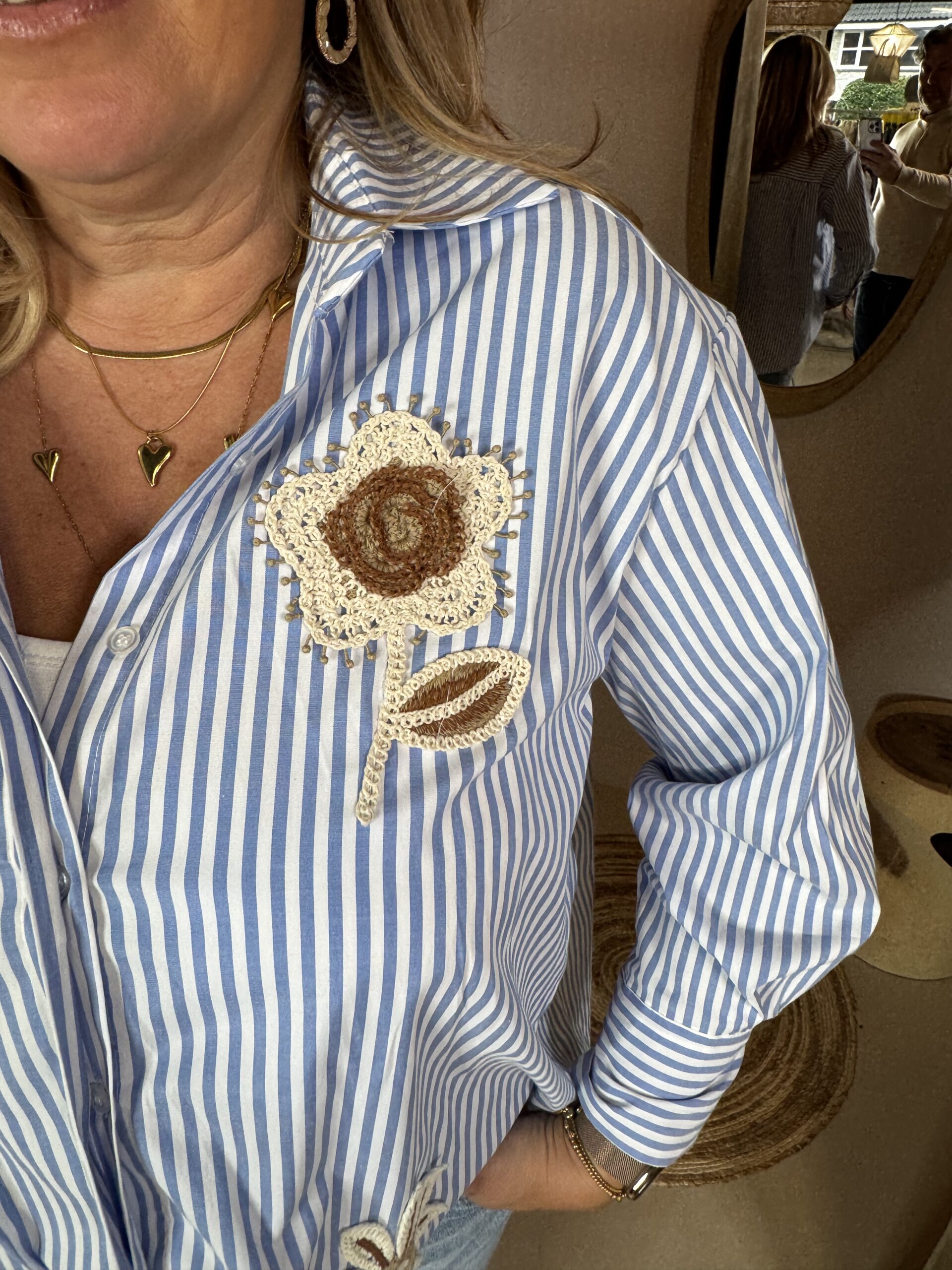 Katoenen Blouse Streep19798 Blauw Wit Bloem - Afbeelding 2