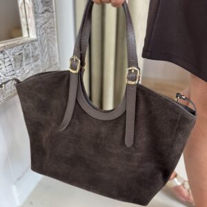 Suede Leren Tas Charm Donker Bruin