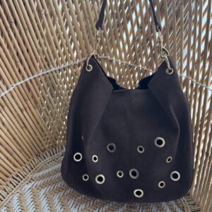 Prachtige Maxi Suede Tas Met Studs Donker Bruin