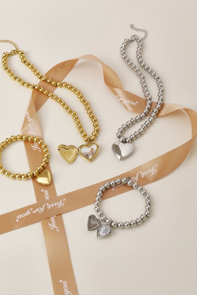 Ketting Met Balletjes en Hartjes Medaillon Goud - Afbeelding 2