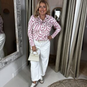 Zachte Travelstof Blouse Swan 9502 Roze Print via villaggio