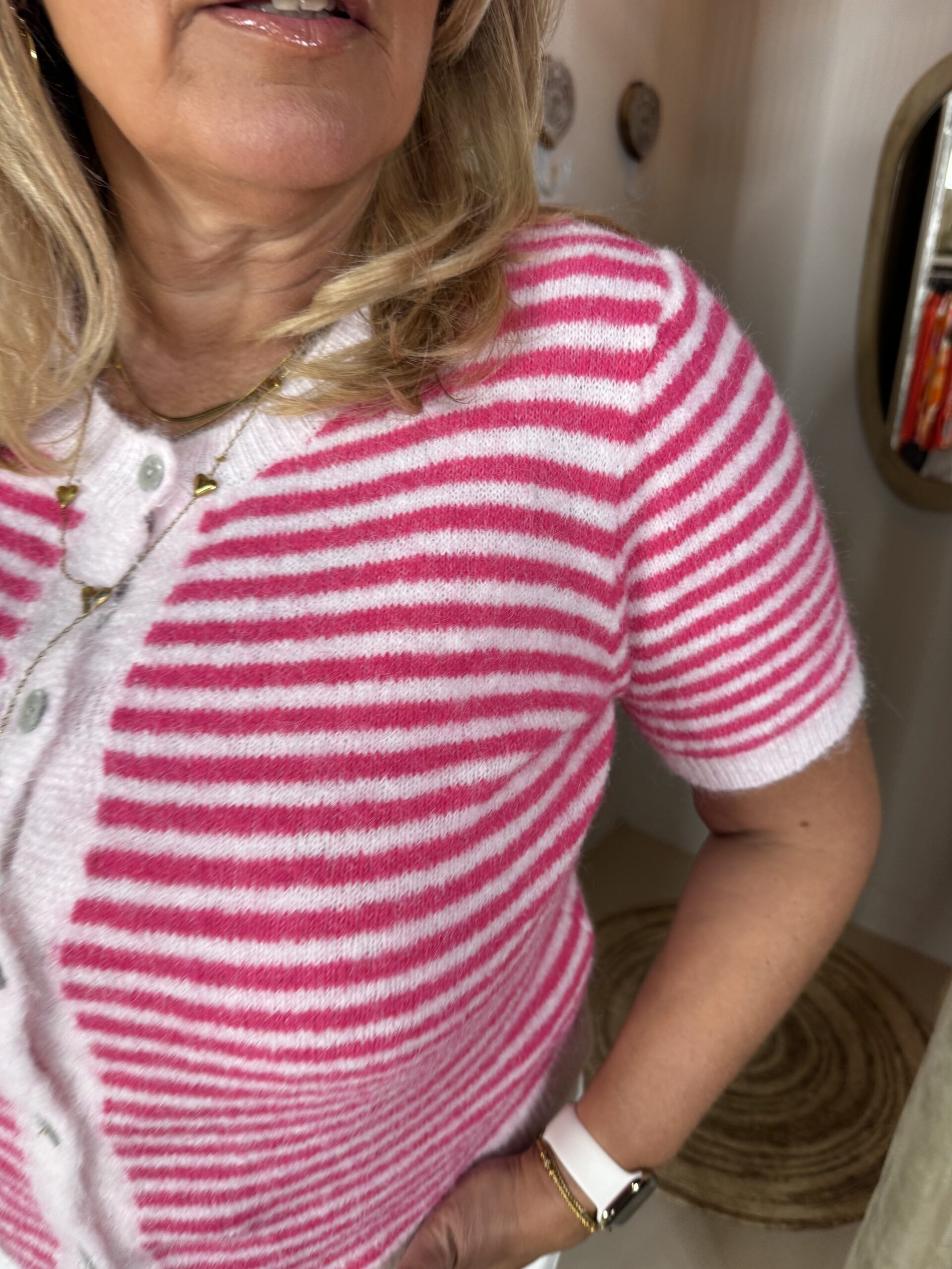 Streep Vestje 26079 Korte Mouw Hard Zacht Roze - Afbeelding 2