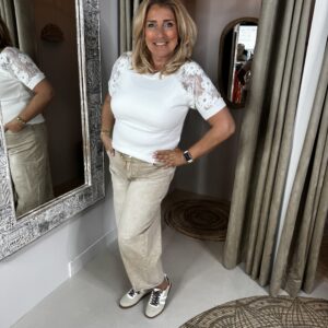 Korte Mouw Trui Kanten Schouder YP2052 Off-White