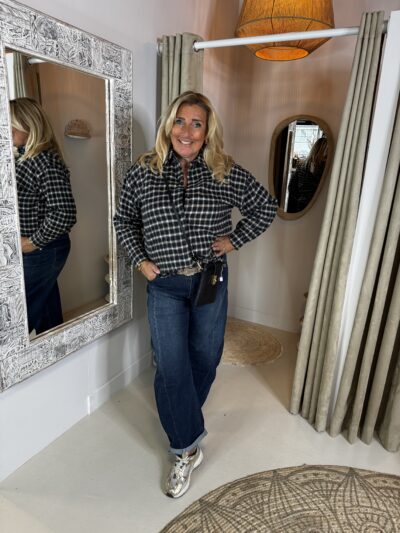 Katoenen Flanel Ruit Blouse met Studjes 75552 Zwart - Afbeelding 4