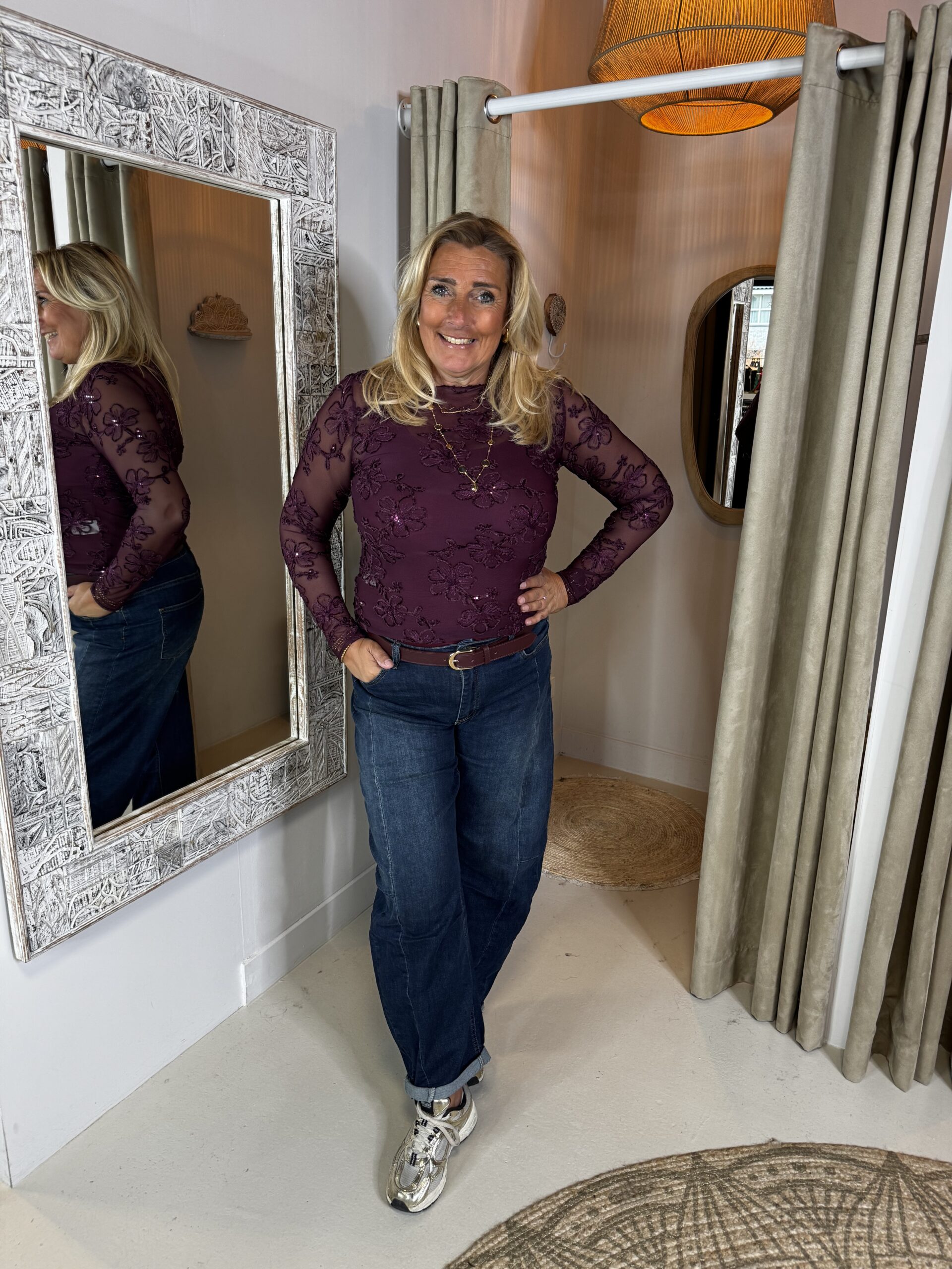 Kanten Onder Shirt Verona met Pailletjes11631 Bordeaux
