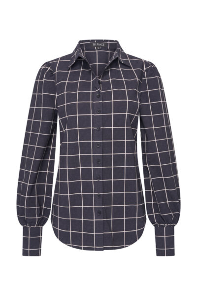 Mi Piace Travelstof Blouse 202037 Check Print Donker Blauw