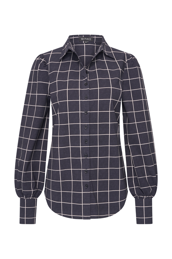 Mi Piace Travelstof Blouse 202037 Check Print Donker Blauw